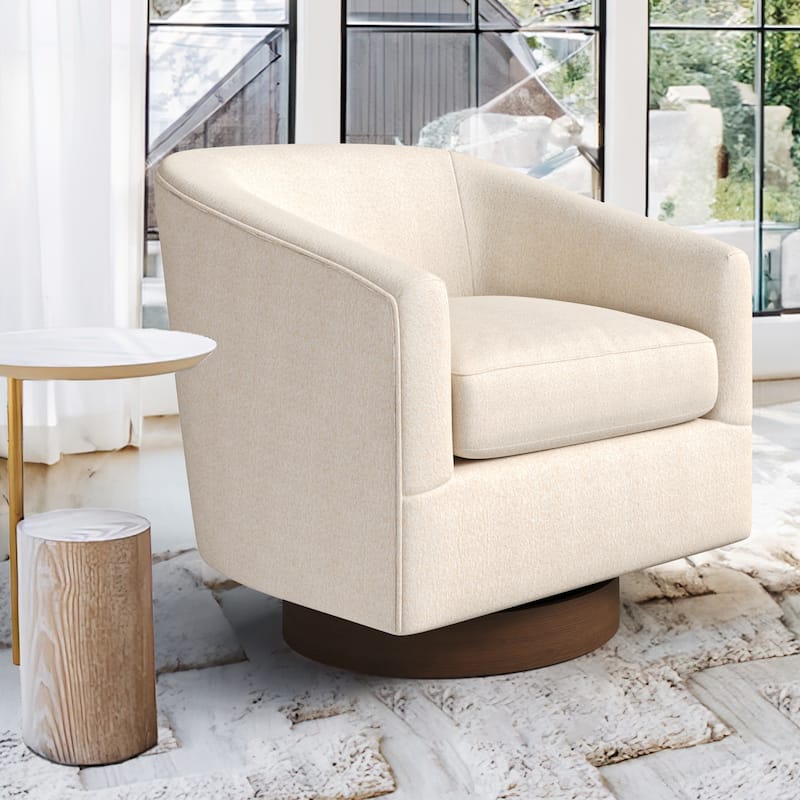 Modern Accent Chair Upholstered Fabric Living Room Swivel Barrel Armchair Wood Frame - Warm Beige