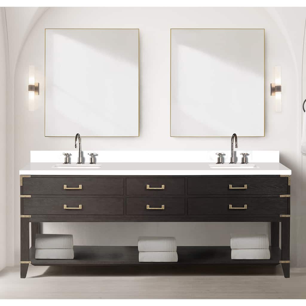 Norwalk 60 in W x 22 in D Black Oak Double Bath Vanity, White Quartz Top, and 28 in Mirrors
