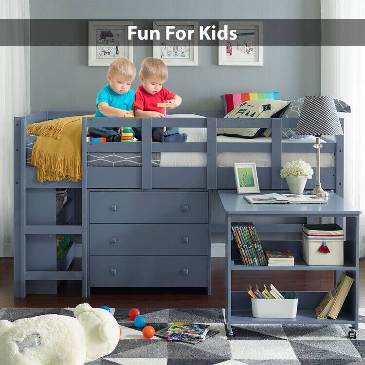 Twin Size Loft Bed with Desk Low Study Kids Twin Loft Bed with Storage Pine Wood Loft Bed for Kids Twin Loft Bed with Cabinet
