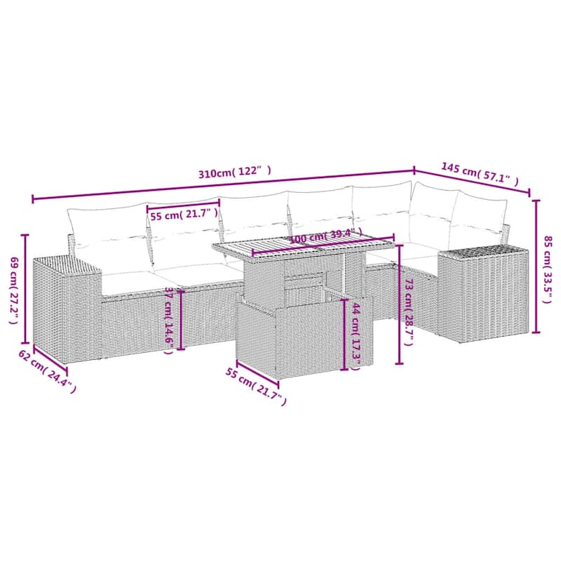 vidaXL Patio Sofa Set with Cushions Outdoor Furniture 7 Piece Poly Rattan - 24.4 x 24.4 x 27.2