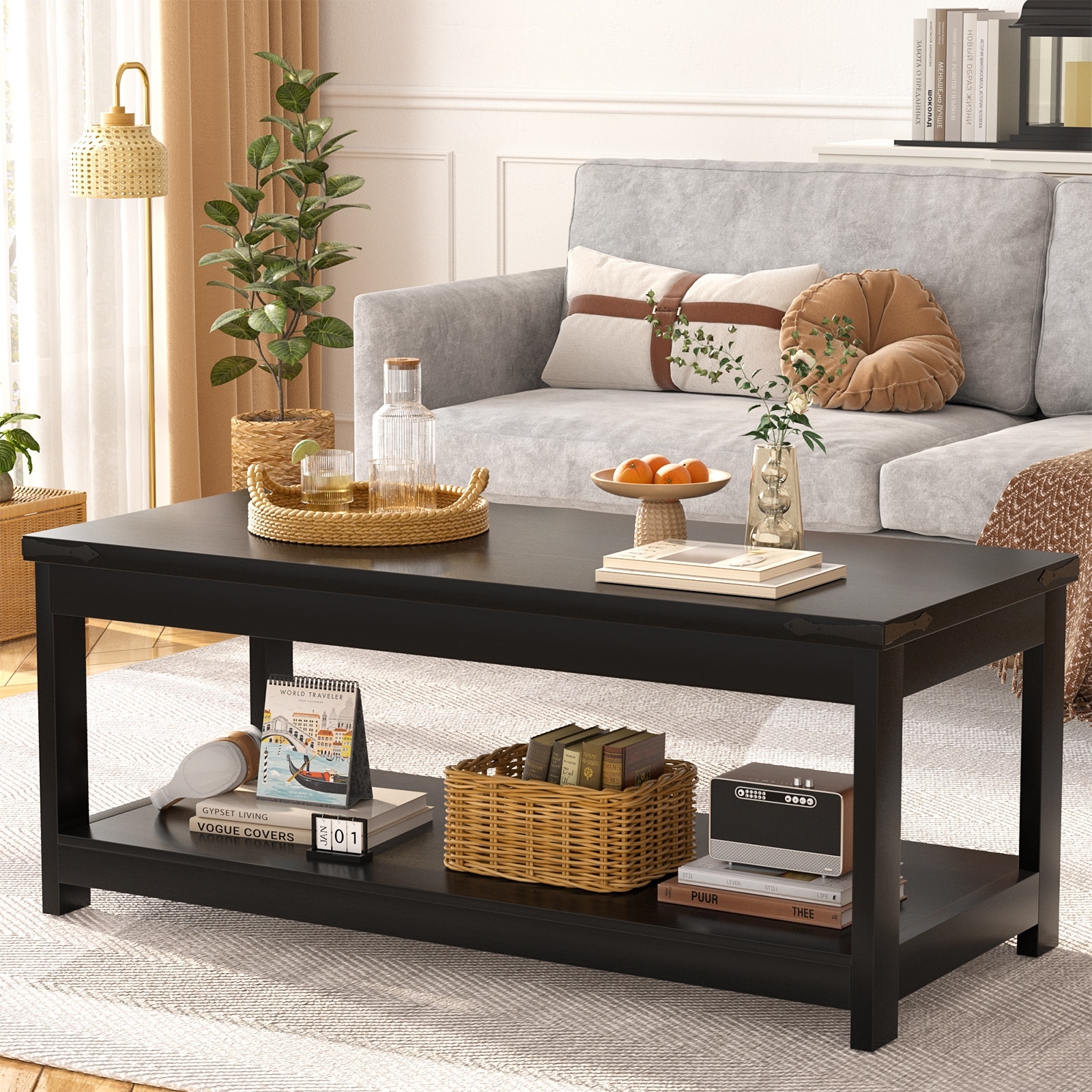 Farmhouse 2-Tier Coffee Table & End Table Set with Storage Shelves, Rectangular Living Room Furniture Combo