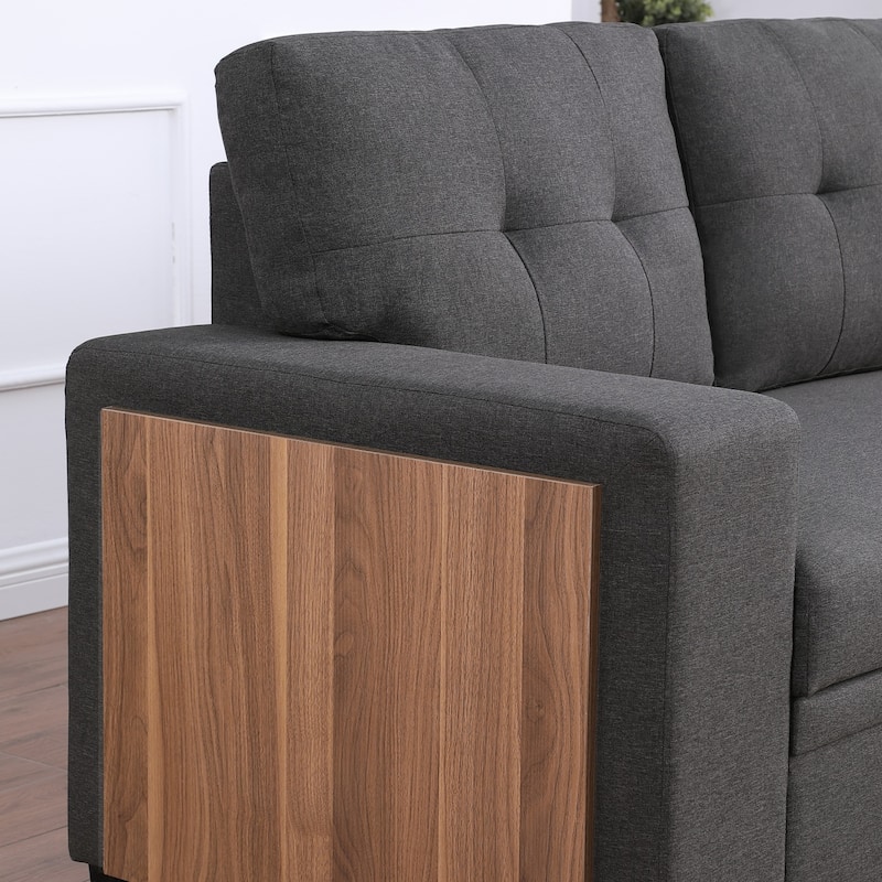 Linen L-Shaped Convertible Sectional Sofa Bed with Storage and Wooden Accent