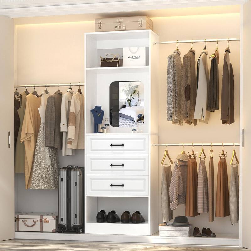 New Style 48"-96” Wide Closet System with Mirror, Sturdy Walk-in Closet Organizer with Drawers and 3 Extendable Hanging Rods