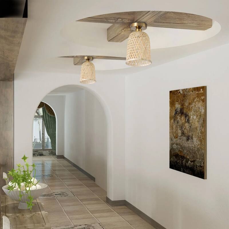 Farmhouse Brushed Gold 1-Light Semi Flush Mount Ceiling Light with Bamboo Weave Shade