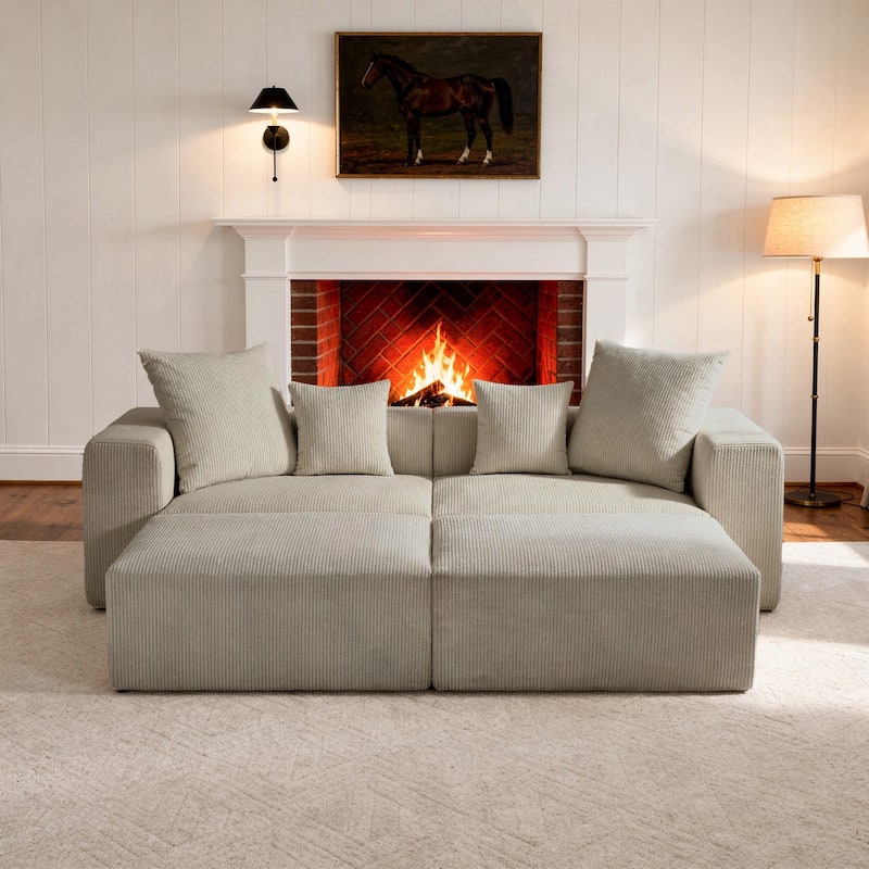 Corduroy Upholstered Modular Sectional Sofa with Ottoman - Brown-4 piece - Symmetrical