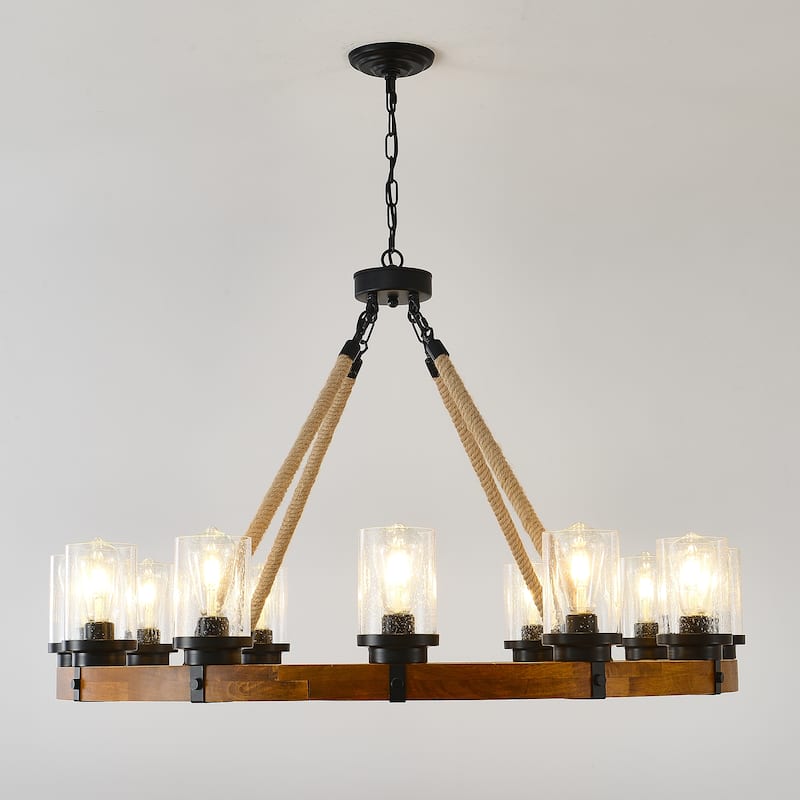 12-Light Rustic Wagon Wheel Chandelier,39Wooden Pendant Light with Seeded Glass Shade,SolidWood Design-NO INCLUDED BULBS - Brown
