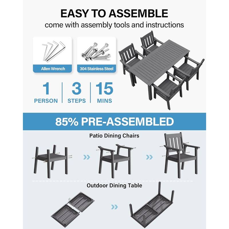 WINSOON 5-Piece HIPS All Weather Outdoor Patio Dining Sets with Umbrella Hole& Aluminum Frame,1-Table 4-Chairs