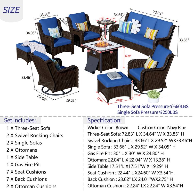 OVIOS 9-piece Patio Wicker Swivel Chair Set With 30" Fire Pit