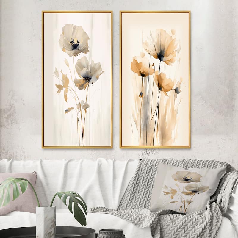 Designart "Vibrant Poppies" Floral Framed Wall Art Set Of 2 - White Wall Art Set Of 2 - 24 in. wide x 20 in. high - Gold
