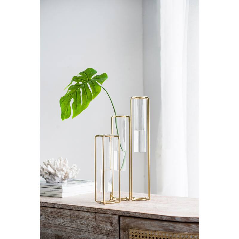 Rossetta Oversized Minimalist Lines Industrial Intrigue 3-Bottle Pedestal Beaker Vase with Metal Frame
