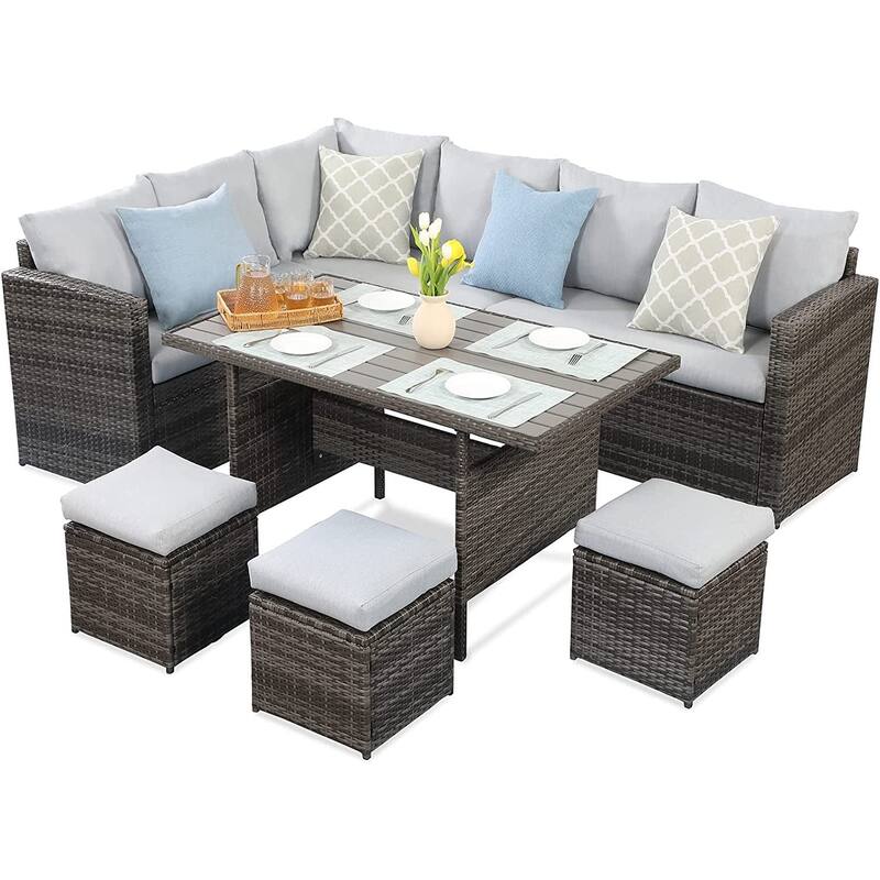 7 Pcs Patio Furniture Set, Outdoor Sectional Sofa Set, All Weather Rattan Conversation Set with High Dining Table and Ottoman