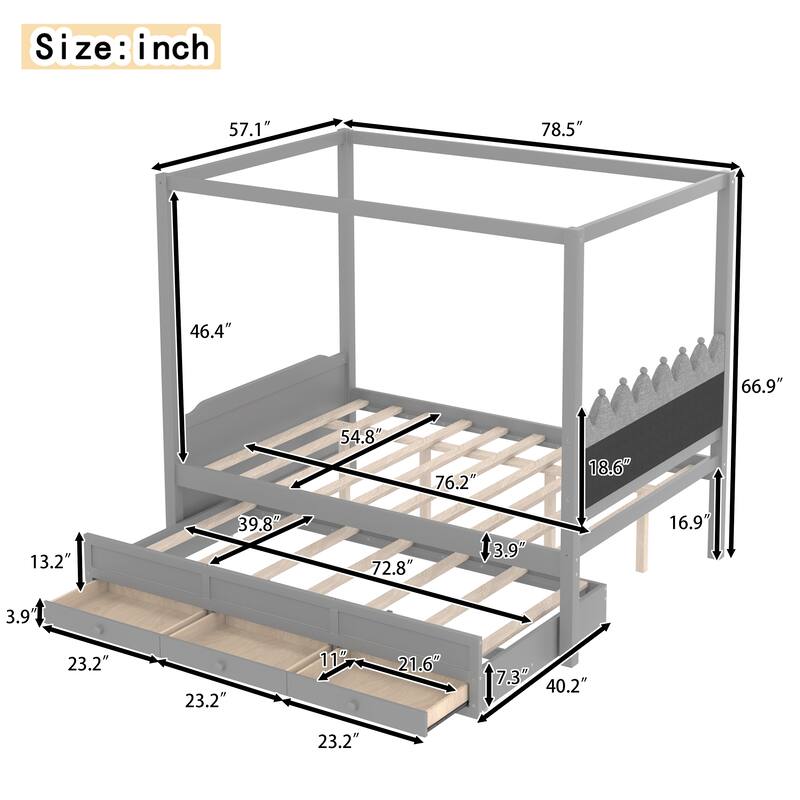 Full Platform Bed with Upholstered Headboard, Twin Size Trundle and 3 Drawers, Princess Canopy Bed Frame for Kids
