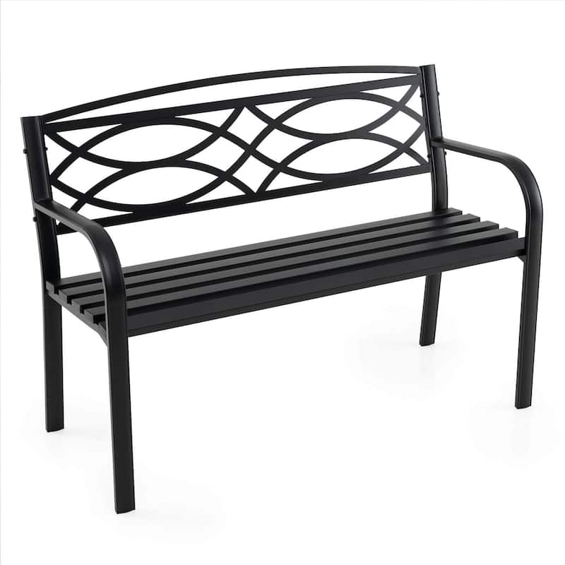 Outdoor Metal Garden Park Bench Heavy-Duty Metal Slatted Loveseat - Black