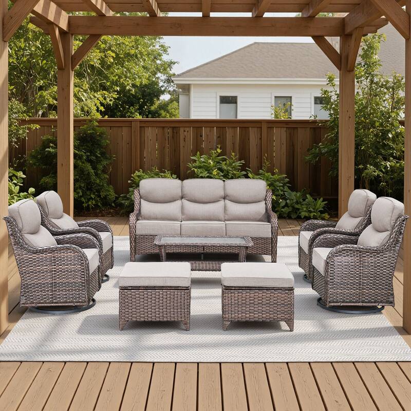 Arcadia 8-Piece Wicker Patio Conversation Set with Swivel Gliders and 6-Inch Thick Olefin Cushions - Beige Cushions - Brown Wicker