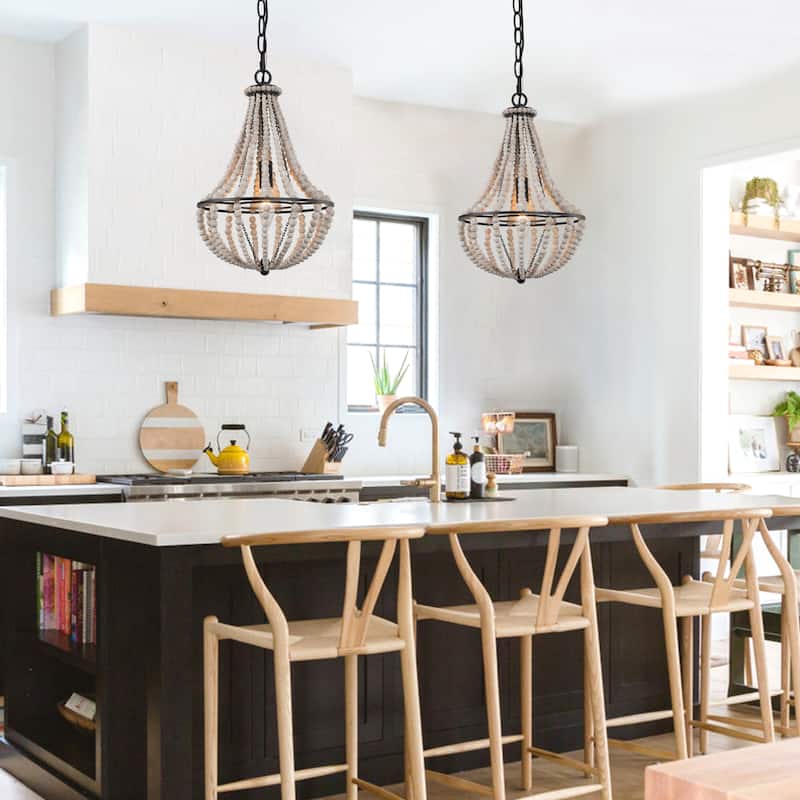 Modern Farmhouse 1-Light Wood Beaded Mini Chandelier Foyer Island Pendant Lights