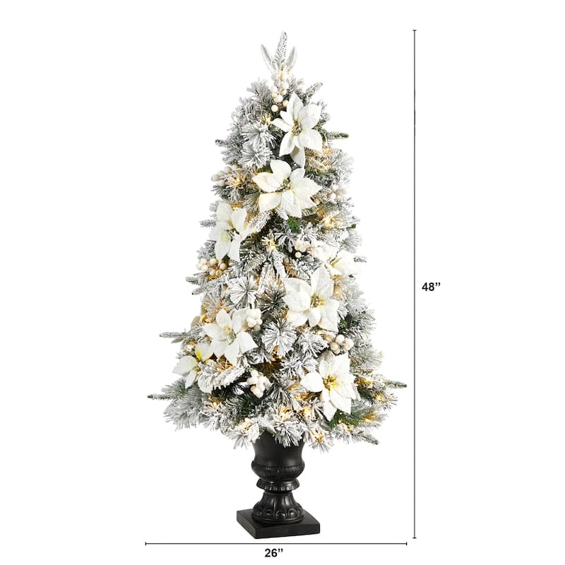 4ft. Flocked Artificial Christmas Tree with 223 Branches & 100 Warm Lights in Decorative Urn - Snowy Holiday X-Mas Glow