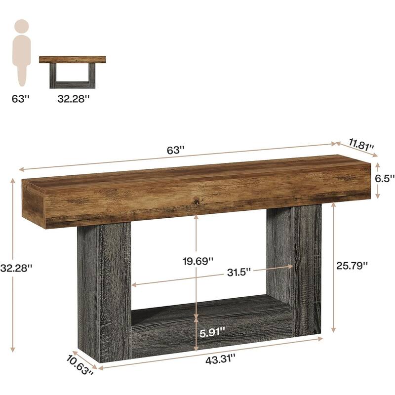 63" Long Console Table, Farmhouse 2-Tier Entryway Table with U-Shaped Base - 63" W x 11.8" D x 32.3" H