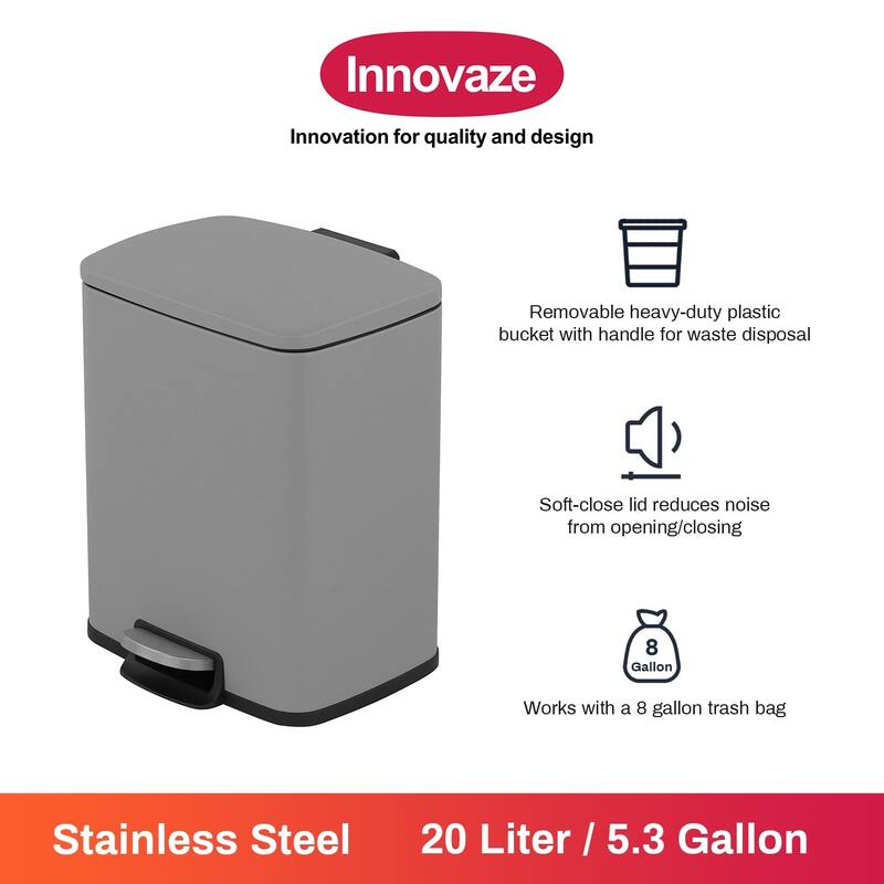 Innovaze 5.3 Gal./20 Liter Rectangular Stainless Steel step-on Trash Can for kitchen