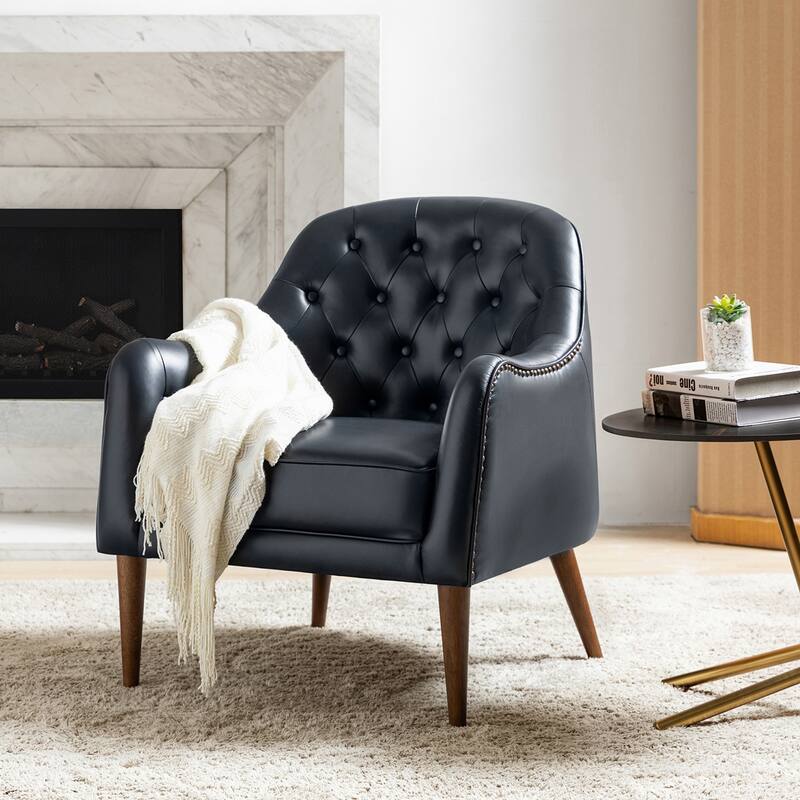 Melisa Classic Genuine Leather Wood Legs Barrel Chair With Tufted Back By HULALA HOME - Navy