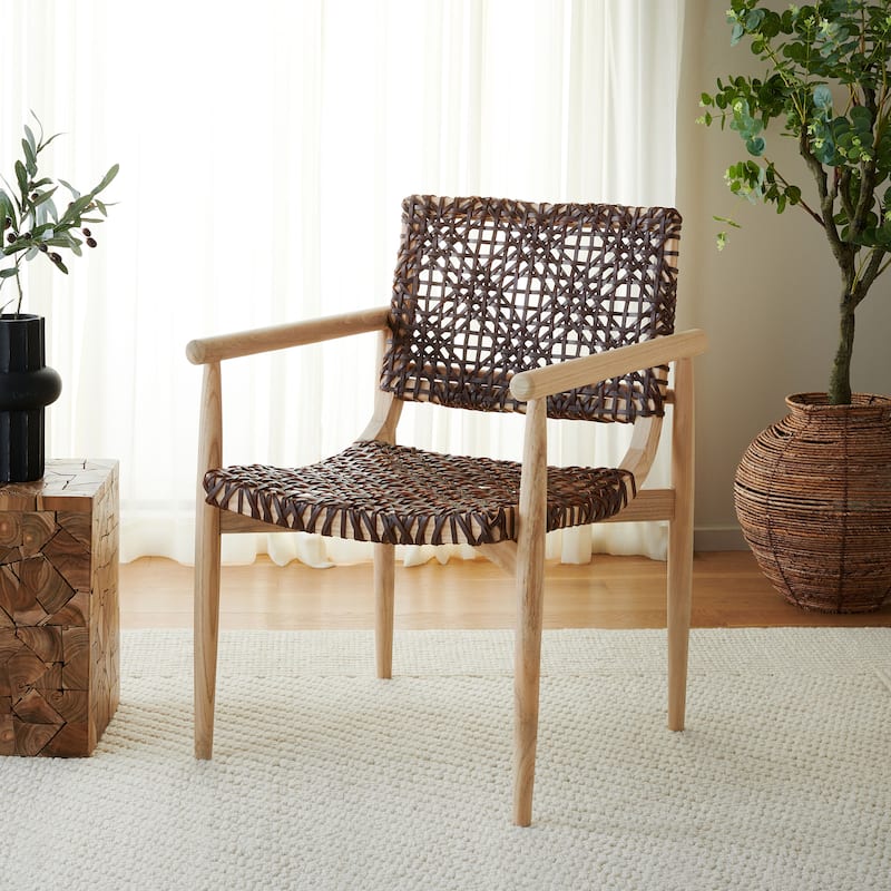 SAFAVIEH Clarissa Solid Wood & Leather Accent Chair (Fully Assembled) - W23" x D23" x H33" - 23Wx23Dx33H
