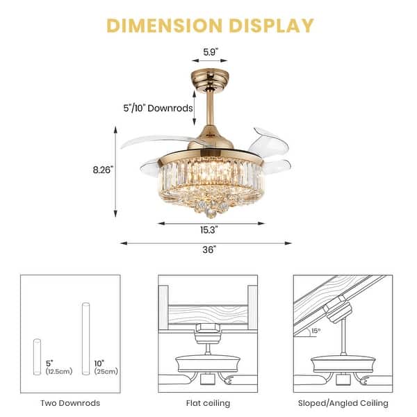 48 in. Indoor Modern Ceiling Fan with Light Gold Retractable Crystal Chandelier Fan with Remote for Kitchen Living Room