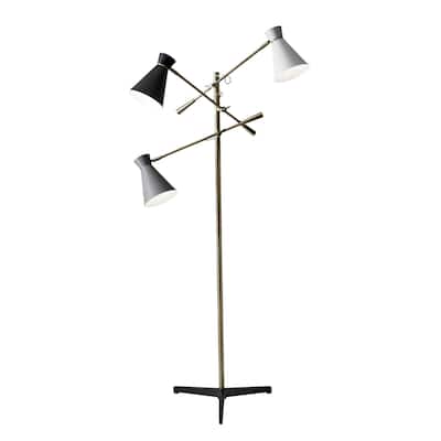Brass Metal Floor Lamp with Black and White Iron Cone Shade Rotary Switch - 33” x 33” x 71” (D x W x H)