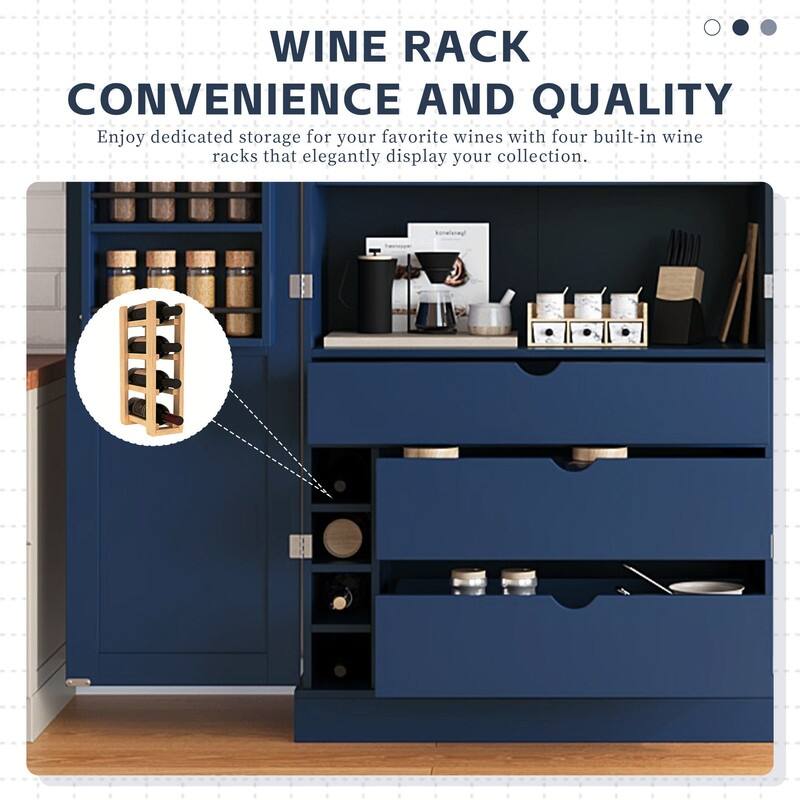 Freestanding 77"Tall Kitchen Pantry with Adjustable Shelves,Door Shelves, Drawers and Wine Racks