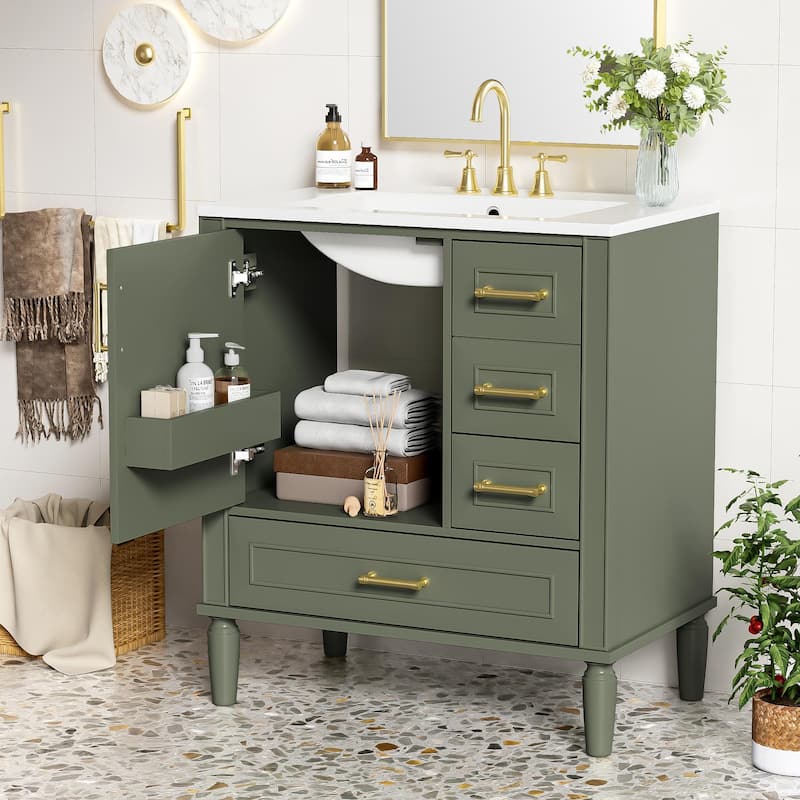 30" Bathroom Vanity with Ceramic Sink Combo, Soft-Close Door Bathroom Storage Cabinet with 3 Drawers - Olive Green - 30 Inch