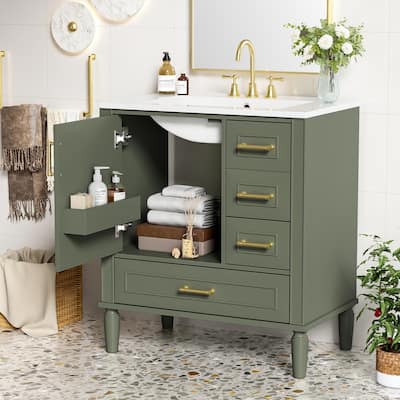 30" Bathroom Vanity with Ceramic Sink Combo, Soft-Close Door Bathroom Storage Cabinet with 3 Drawers