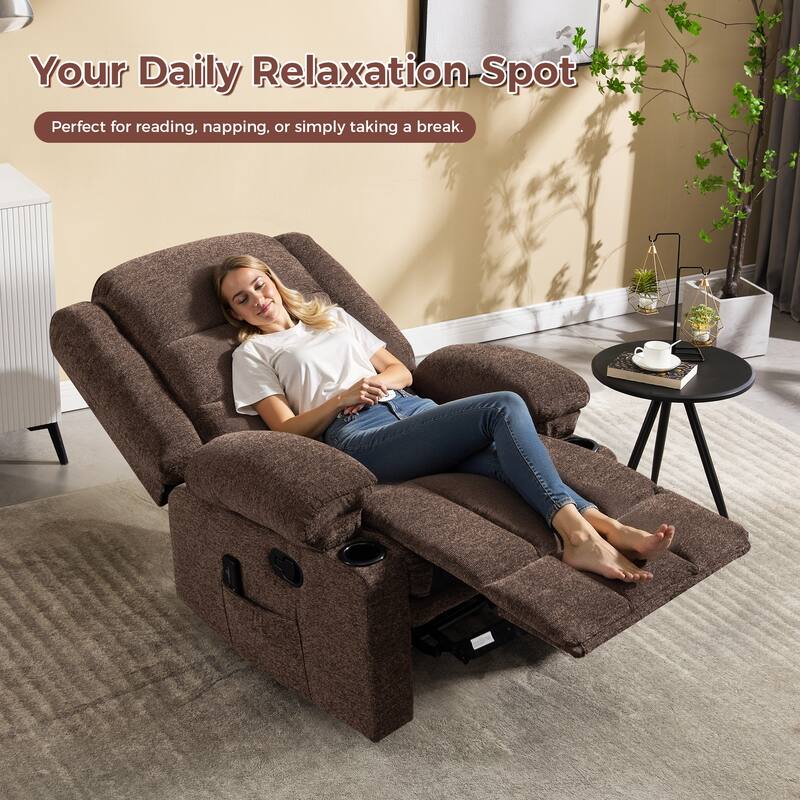 Ebello Manual Recliner Chair with Massage and Heat, Fabric Recliner with Cup Holders & Storage Pockets, Lounger for Living Room