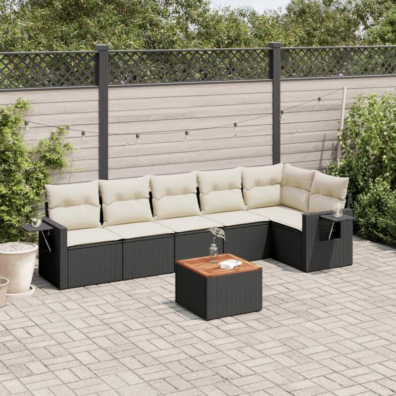 vidaXL Patio Sofa Set with Cushions Outdoor Furniture 7 Piece Poly Rattan - Black and Cream - 21.7 x 21.7 x 14.6
