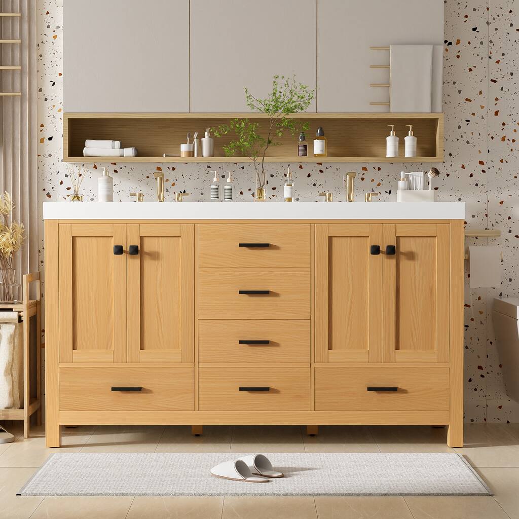 59.3" Double Sink Bathroom Vanity, Solid Wood Frame Vanity Cabinet, Double SMC Resin Sink - 59.3 Inch