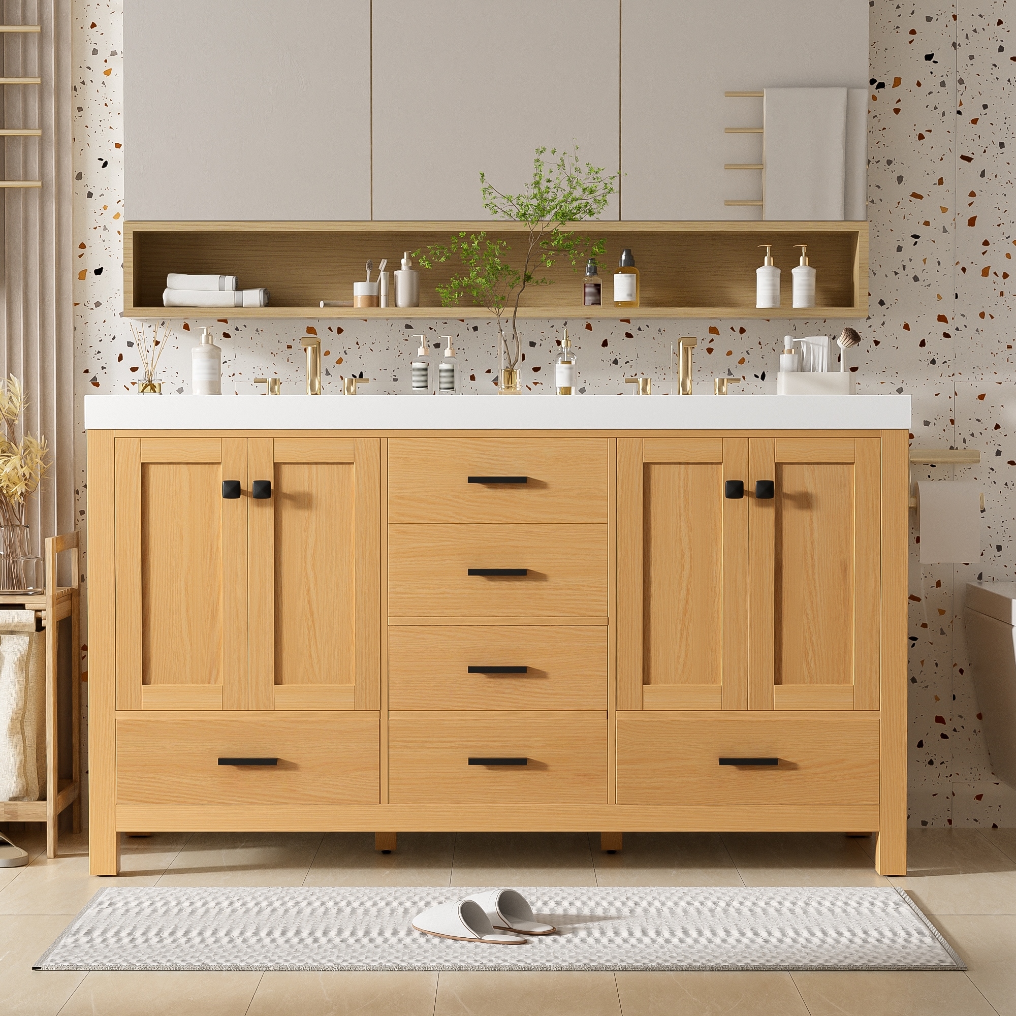 59.3" Double Sink Vanity with Solid Wood Frame, Soft-Close Doors & 5 Drawers, Black Handles