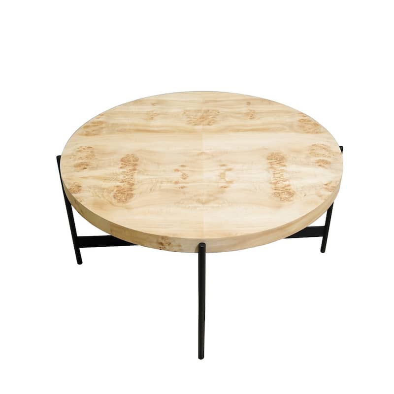 Sevita Eliana Round Burl Wood & Black Metal Coffee Table, 36" L x 36" W x 18" H - 36" Diameter x 18" H