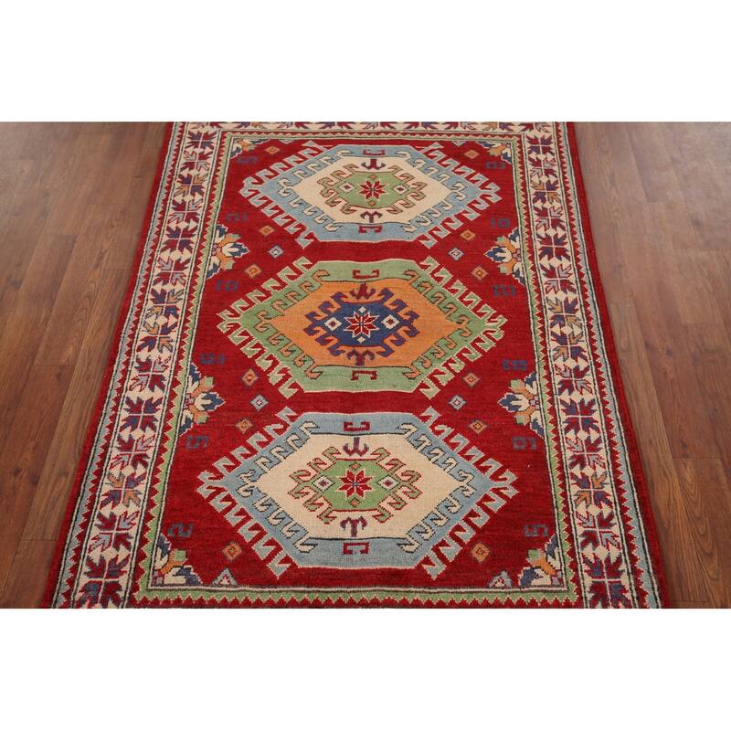 Red Geometric Kazak Foyer Rug Handmade Traditional Wool Carpet - 3'4" x 4'10"