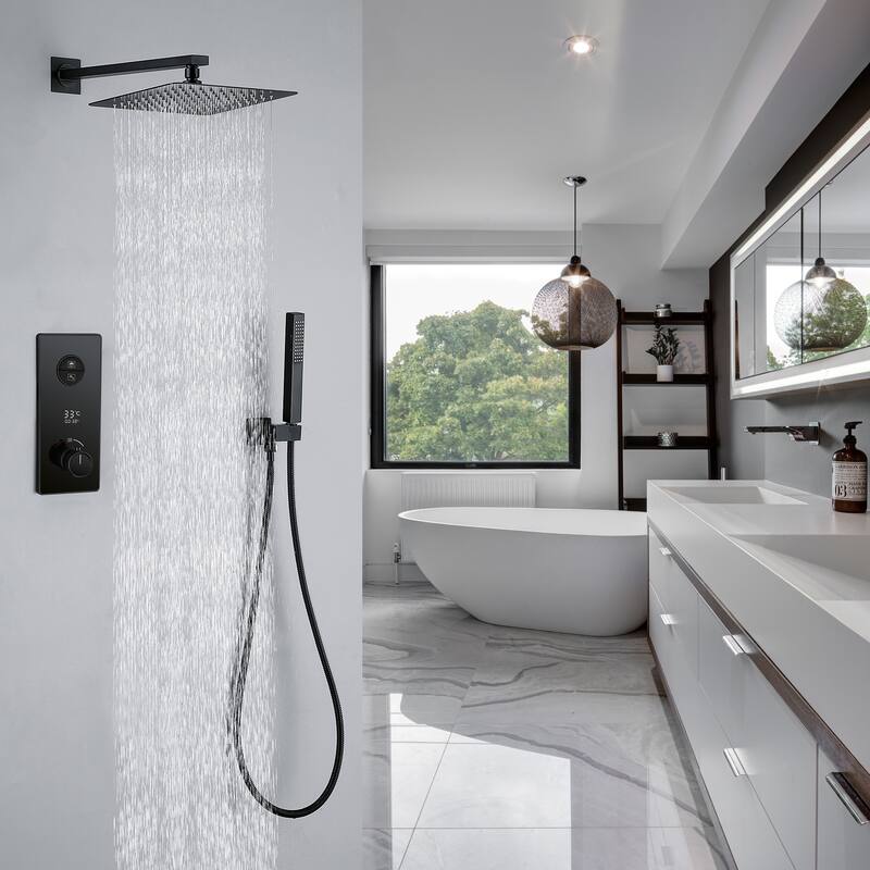 NSF Certified Square Thermostatic Rain Showerhead&High Pressure Handheld with Silicone Nozzle&SALT Spray Tested, Black/Gold - Matte Black