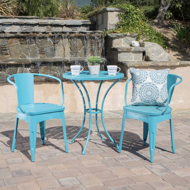 Modern 3-Piece Powder-Coated Iron Bistro Set with Round Slatted Table and Stackable Armchairs for Compact Outdoor Spaces