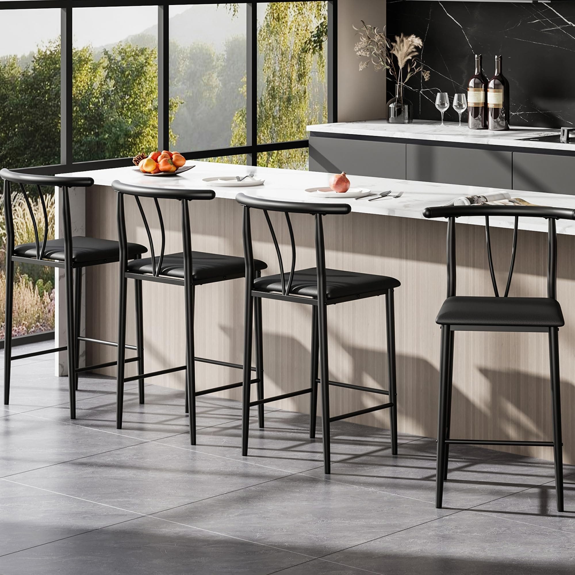 Modern 25.2 inch Counter Height Bar Stools, Set of 2, Wide PU Leather Upholstered Seat with Curved Back