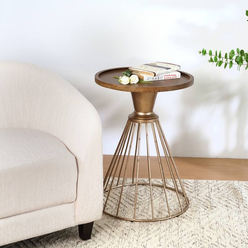 Vintage Hollow-Edge Pine Side Table – Antique Gold & Natural Wood Finish, Retro Art Deco Design