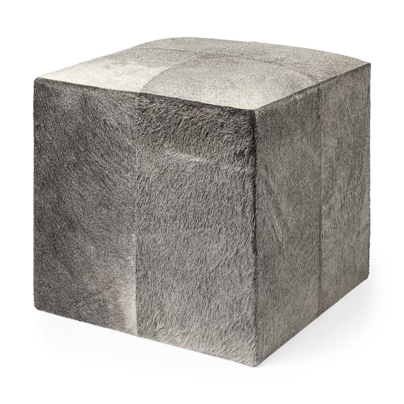 Gray Toned Cowhide Ottoman - 20" W x 20" D x 20" H - Grey