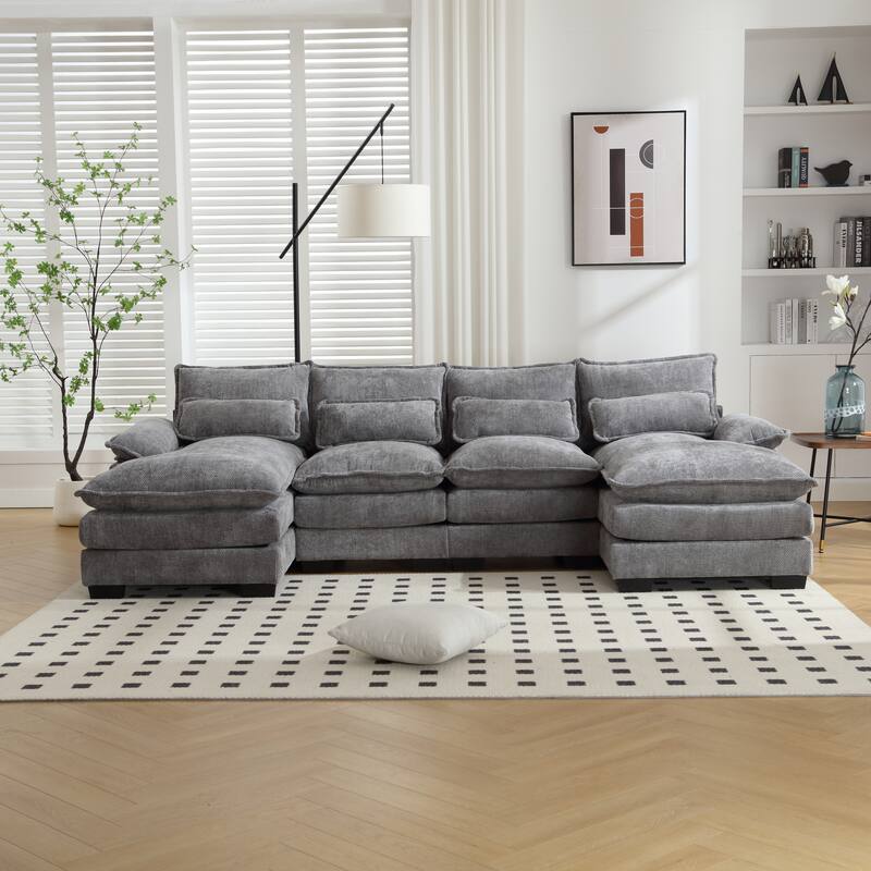 U-shaped Recliner Sofa Chenille Upholstered Chaise Sectional Sofa Symmetrical Reclining Couch with Double Thick Cushions