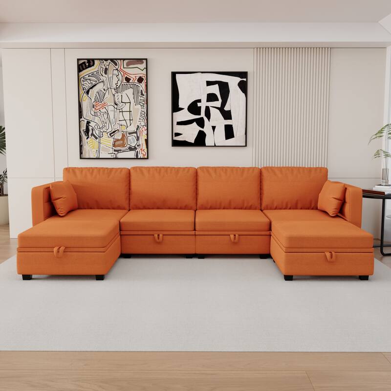6-Seat U-Shaped Modular Reversible Sectional Sofa with Storage Ottoman