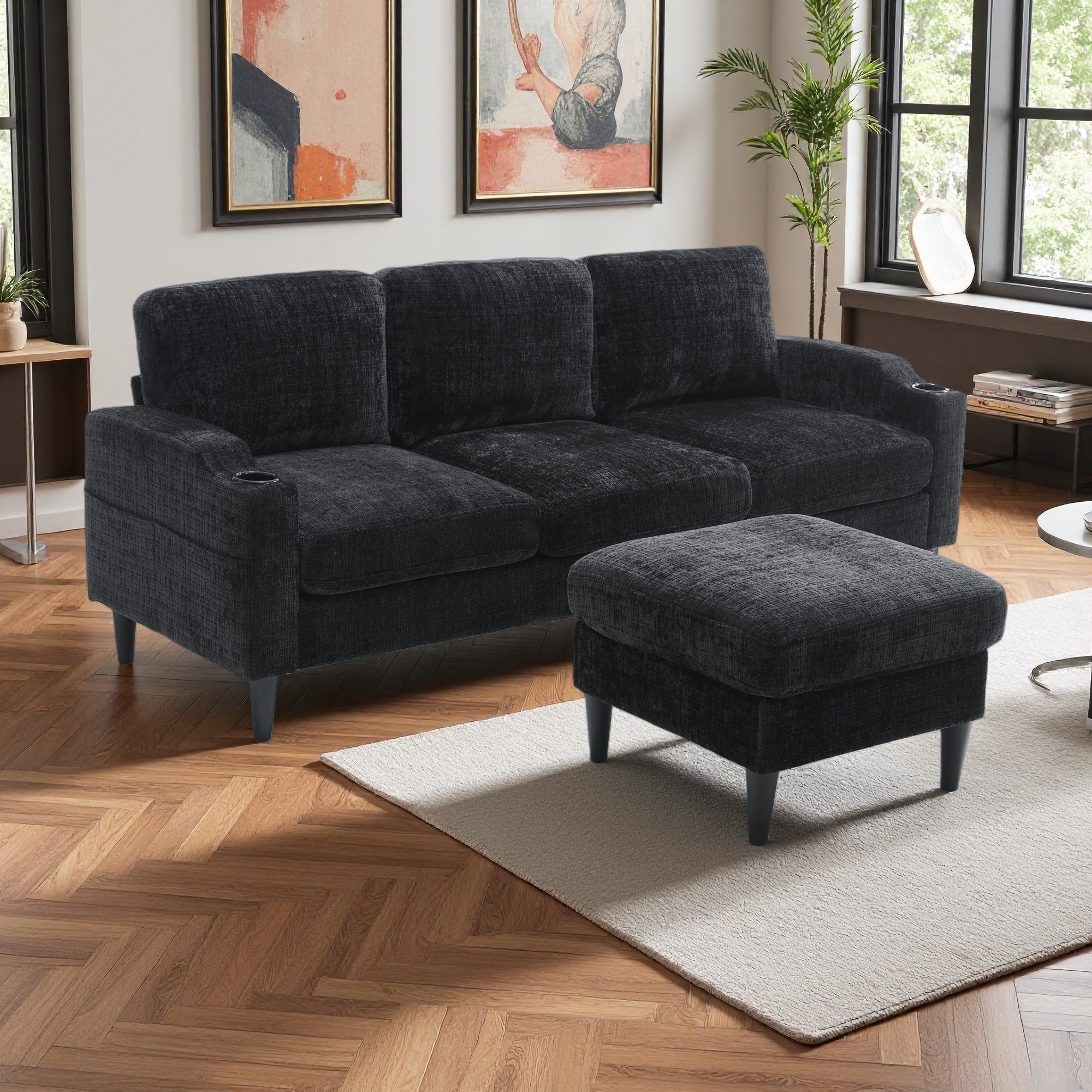 77.36" Chenille L-Shaped Sectional Sofa with Side Pocket, 2 Cup Holders and Storage Footstool (3-Seater)