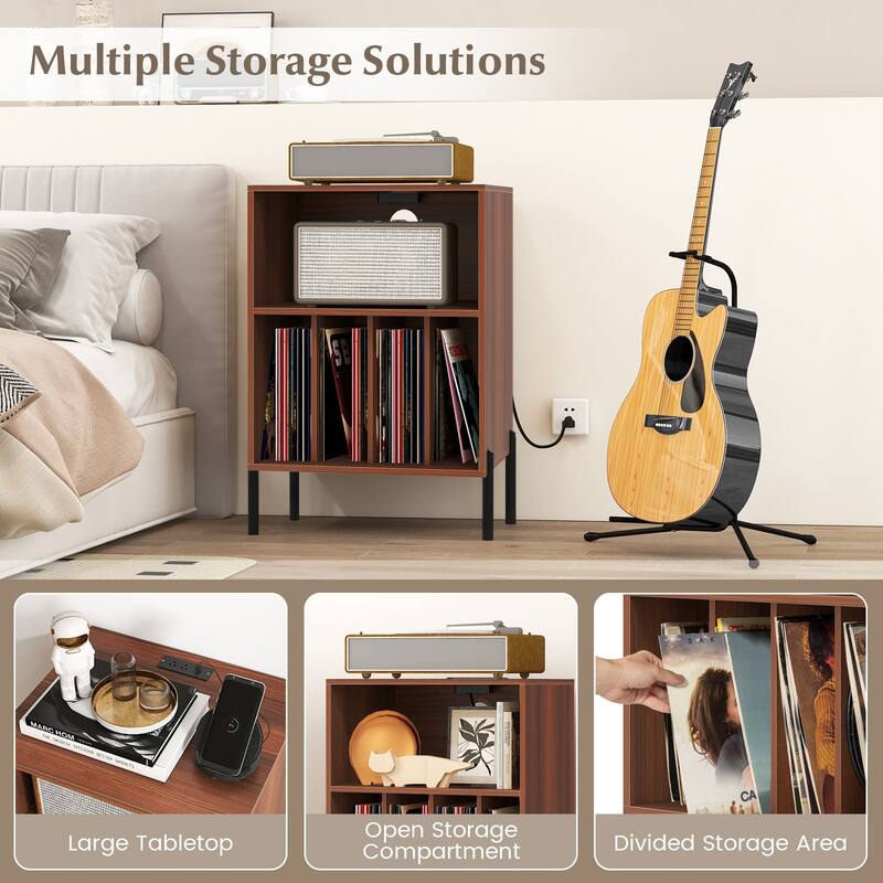 Gymax Record Player Stand w/Charging Station 5 Storage Compartments