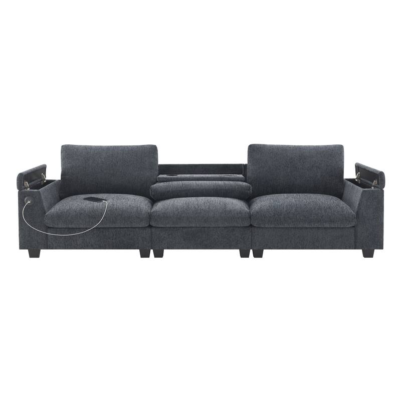 Modern Chenille Sectional Sofa with Fold-Down Table, Bluetooth Speakers, USB Charger, Cup Holders and Hidden Armrest Storage