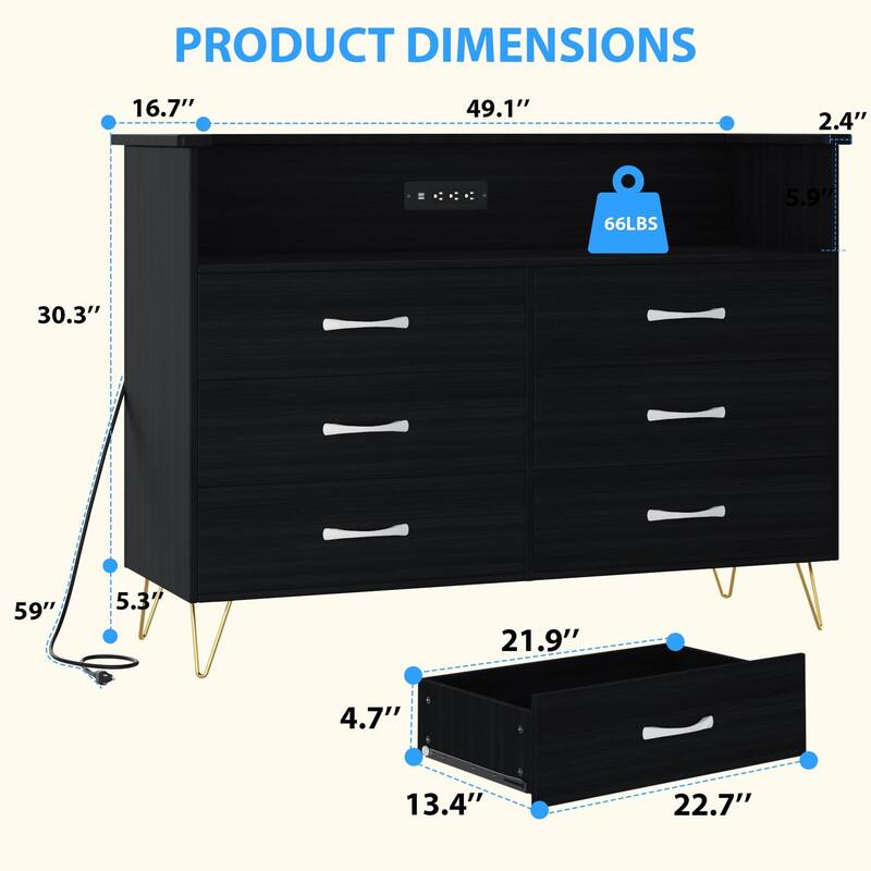 White Dresser with LED Light for Bedroom 6 Drawer