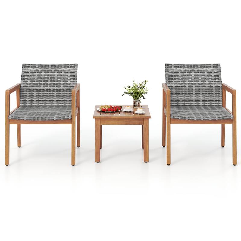 Gymax 3 Pieces Outdoor Furniture Set Acacia Wood Frame Sofa Set w/