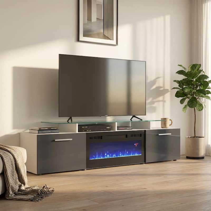 Meble Furniture Rova EF Modern 75" Electric Fireplace TV Stand for TVs up to 85", 75"W x 19"H x 14.5"D for up to 85" TVs