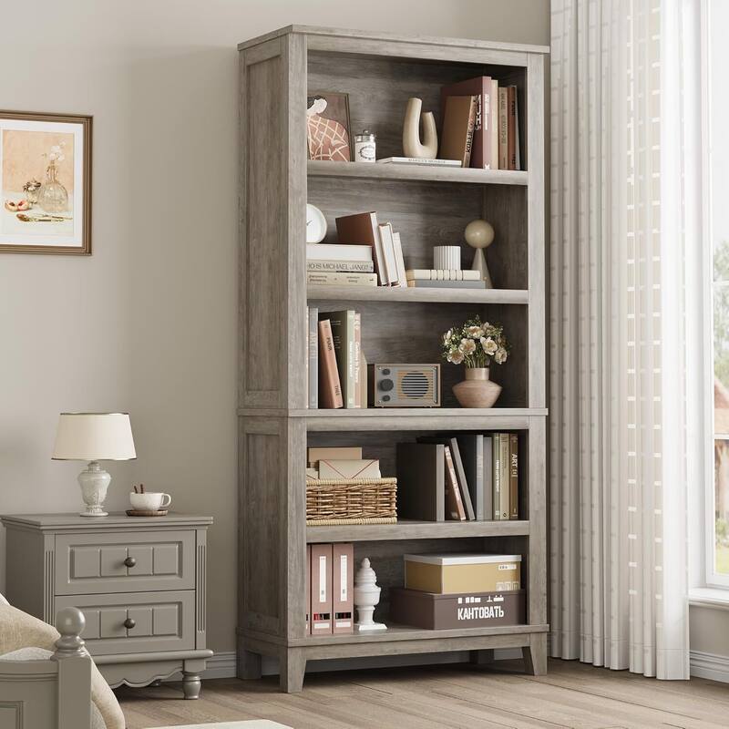 71" 5 Tier Farmhouse Bookshelf with Adjustable Shelves for Living Room - N/A - Grey