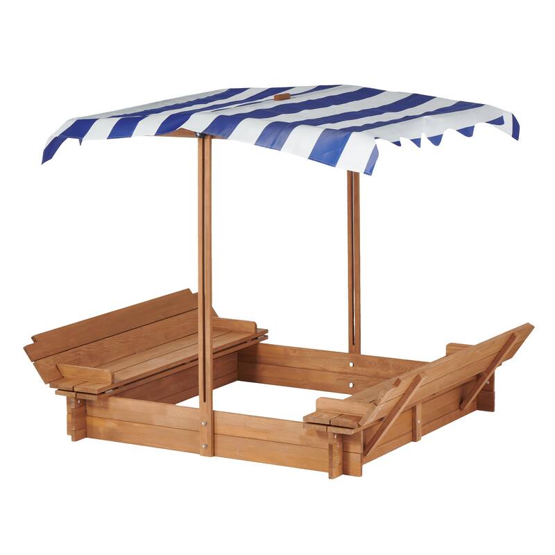 Kids Sandbox with Adjustable Cover, 46" Wooden Sand Box with 2 Foldable Bench Seats, Outdoor Sandpit for Backyard Play
